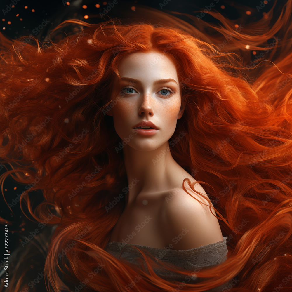Déesse à la chevelure rousse, portrait féérique mystérieux, illustration photo-réaliste Déesse à la chevelure rousse, portrait féérique mystérieux, illustration photo-réaliste