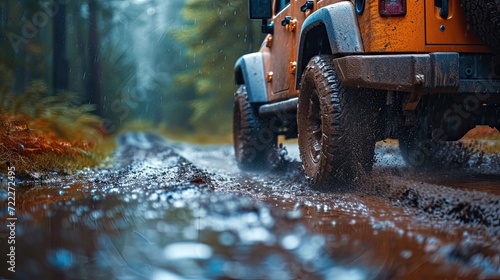 The wheels of an offroad car going through the mud on a wet road.