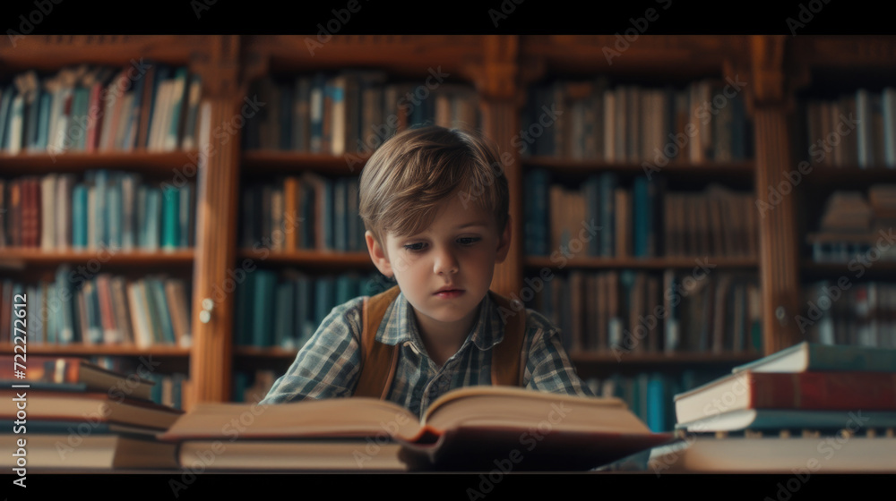 Cute boy reading book in library Cute boy reading book in library