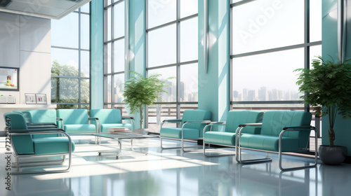 Office waiting area with teal chairs and large windows overlooking a cityscape in natural light