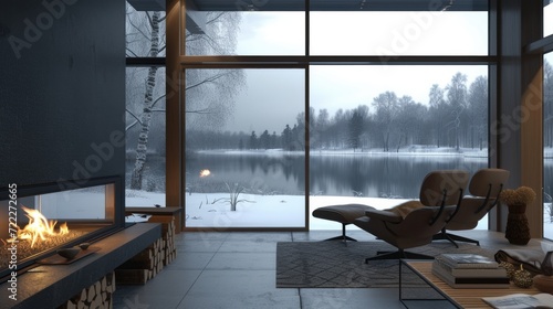 Fototapeta Naklejka Na Ścianę i Meble -  Interior of a modern lake house with fireplace in the winter 