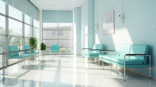 Office waiting area with teal chairs and large windows overlooking a cityscape in natural light © pkproject