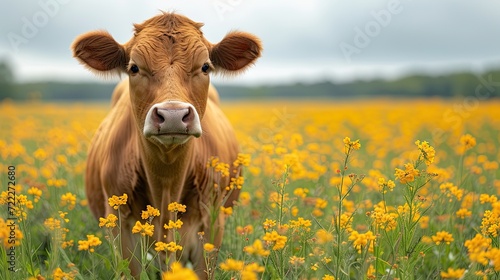 Portrait of a cow isolated on a blosoom field. photo