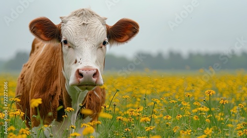 Portrait of a cow isolated on a blosoom field.