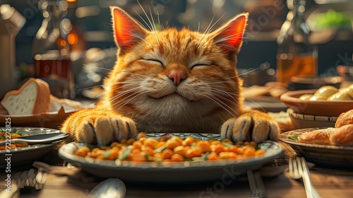 Chubby and happy cat surrounded by plates with food.
