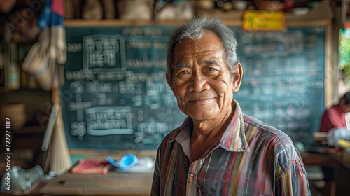 Portrait of a male Cambodian teacher in the classroom of a rural school. photo