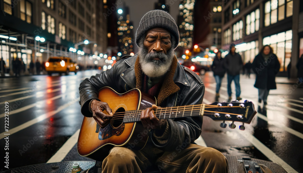 Naklejka premium A Older African American man playing the guitar. Busking on the streets of New York City.