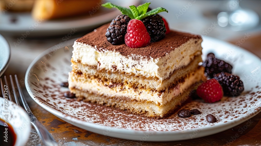 Delicious tiramisu cake on a plate. Delicious tiramisu cake on a plate.