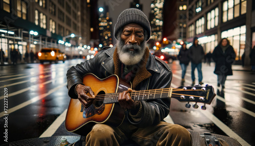 A Older African American man playing the guitar. Busking on the streets of New York City.