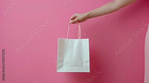Woman hand with big white shopping bag, on pink wall