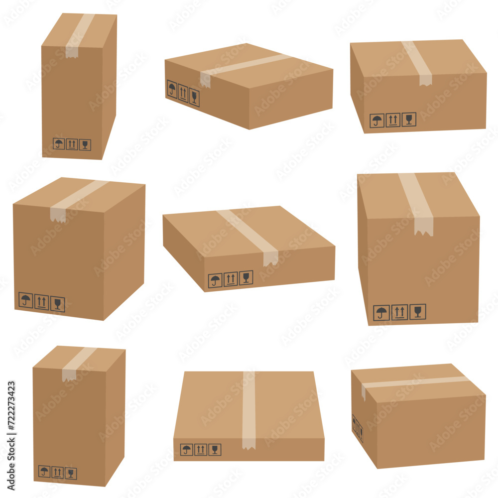 Set of cardboard box mockups different size. Isolated on white background. Vector carton packaging box images. Set of cardboard box mockups different size. Isolated on white background. Vector carton packaging box images.