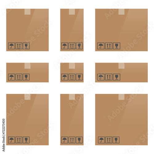 Set of cardboard box mockups different size. Isolated on white background. Vector carton packaging box images.