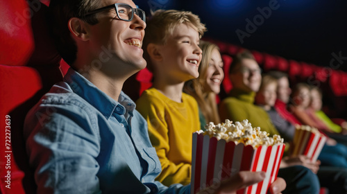 Family is smiling and watching a movie in a cinema, with a child and everyone looking happy and engaged with the screen.