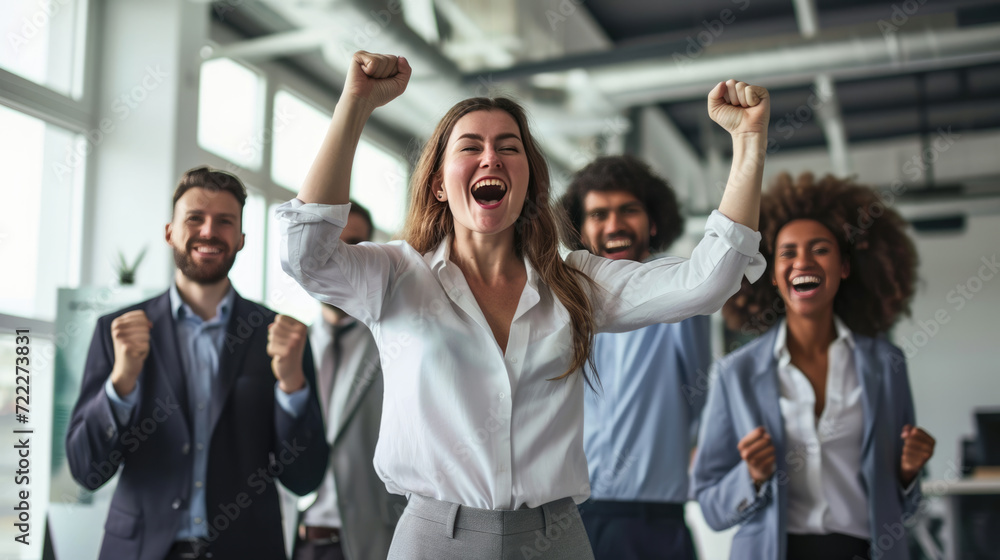 Joyful office workers are celebrating a success with their hands raised in the air and big smiles on their faces in a bright, modern office space. Joyful office workers are celebrating a success with their hands raised in the air and big smiles on their faces in a bright, modern office space.