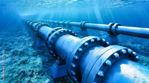 Industrial Pipes for Gas and Oil Transportation: Metal Pipeline Underwater with Valves and Engineering Technology