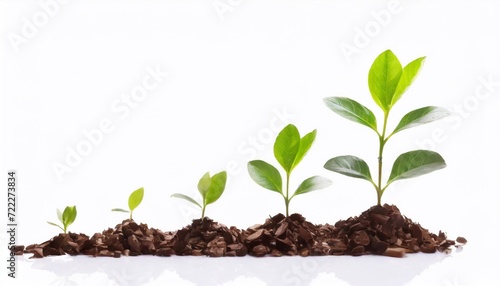 Green seedling growing from pile of chocolate chips isolated on white background