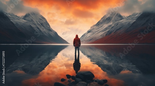 Man standing on the edge of a lake, in the style of calming symmetry, depictions of inclement weather, orange and maroon. photo