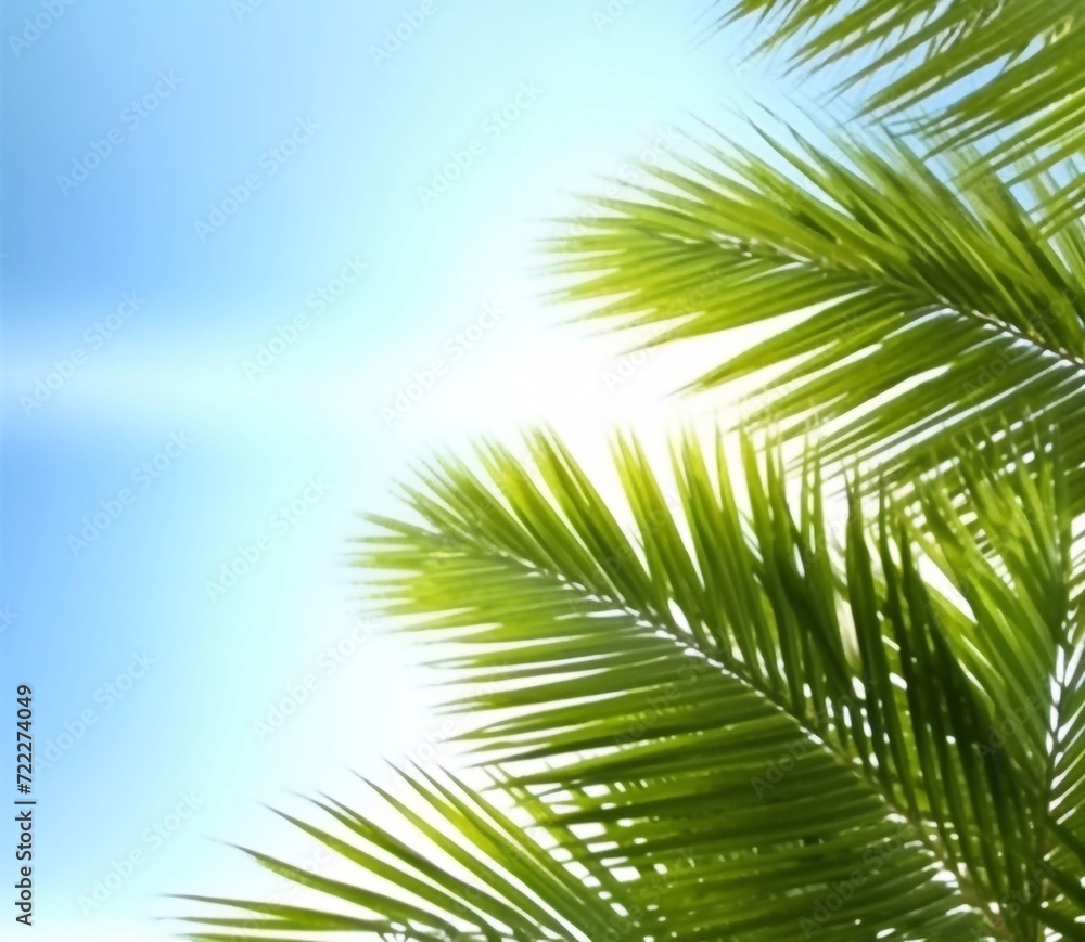 Fototapeta premium Design element for presentation layout on blurry background with blue sky sunny light. Palm leave closeup realistic