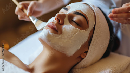 Relaxed woman receiving a facial treatment with a mask being applied to her face by a spa therapist in a serene spa environment.