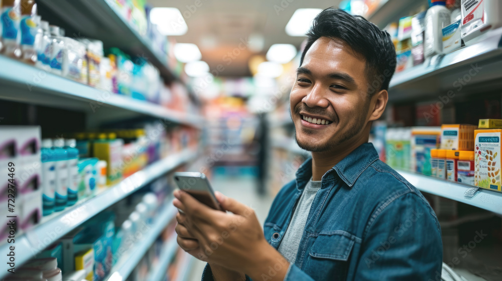 Young man holding a smartphone, standing in a pharmacy aisle Young man holding a smartphone, standing in a pharmacy aisle