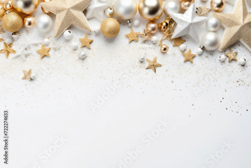 White New year background with golden christmas tree decorations. Flat lay, top view, copy space