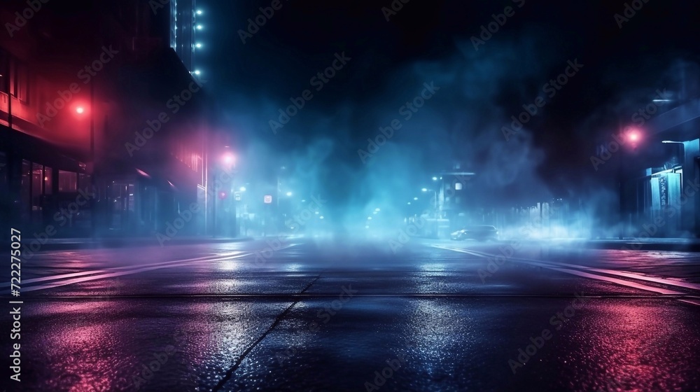 Dark empty space, blue and red neon spotlight, wet asphalt, smoke, night view street, rays. Abstract dark texture of an empty background with copy space mock up design - obrazy, fototapety, plakaty 