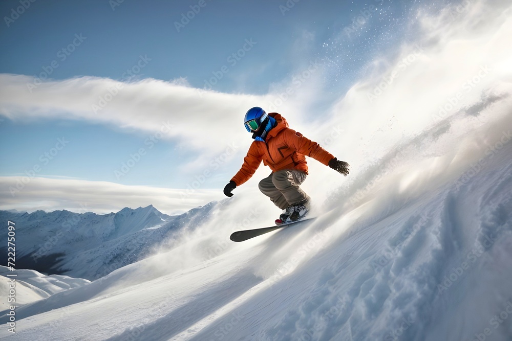 A male snowboarder jumping in snowy mountains at sunny day with blue sky background. Extreme sport image with copy space for design, wallpaper, artwork, template