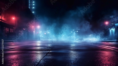 Dark empty space, blue and red neon spotlight, wet asphalt, smoke, night view street, rays. Abstract dark texture of an empty background with copy space mock up design photo