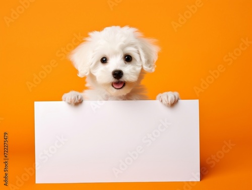 White puppy dog holding blank sign on orange background