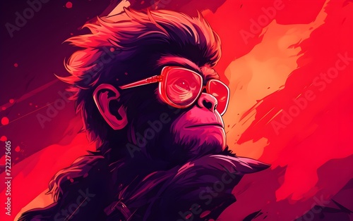 Vector Watercolor 3D Rendering of monkey. abstract illustration of shadows Red neon lighting photo