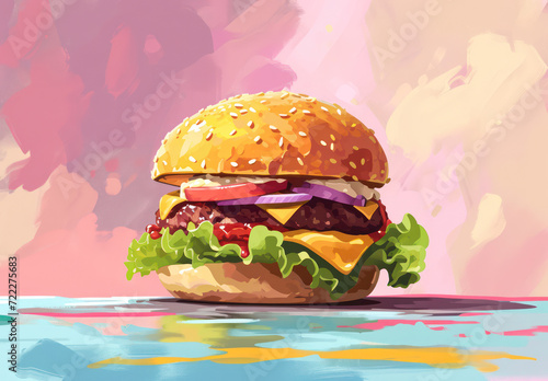 Tasty American Cheeseburger, Grilled Onion, and Fresh Lettuce on Sesame Seed Bun - Delicious Fast Food Illustration