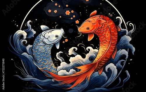 Very beautiful illustration of koi fish, yin yang