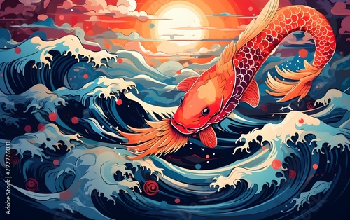 Luxury oriental style wall art vector. Abstract art design with Koi fish texture vector illustration