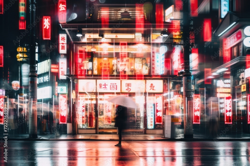 Nighttime cityscape with a person walking, vibrant neon lights of an Asian street creating a dynamic urban atmosphere.