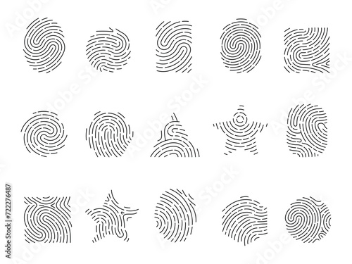 Fingerprint different shapes. Lined fingerprints icons in star, round, triangle shape. Isolated personal identification elements, decent vector set