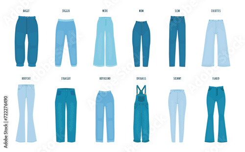 Female jeans styles. Women stylish denim pants various models. Slim and boyfriend, mom and skinny jean. Casual girl wear, snugly vector set
