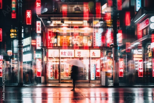 Nighttime cityscape with a person walking, vibrant neon lights of an Asian street creating a dynamic urban atmosphere.