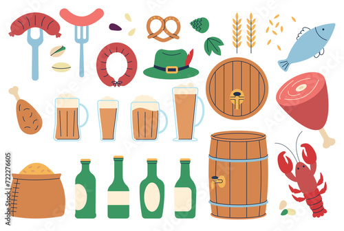 Oktoberfest set. Glasses and bottles of beer, food and accessories. Drink party elements, isolated barrels, seafood and meat, decent vector clipart