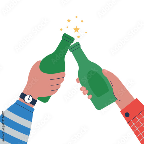 Beer meeting. Friends meets on drinks, leisure at weekend together. Clinking bottles, celebration toasts and cheers up. Free lifestyle, decent vector scene