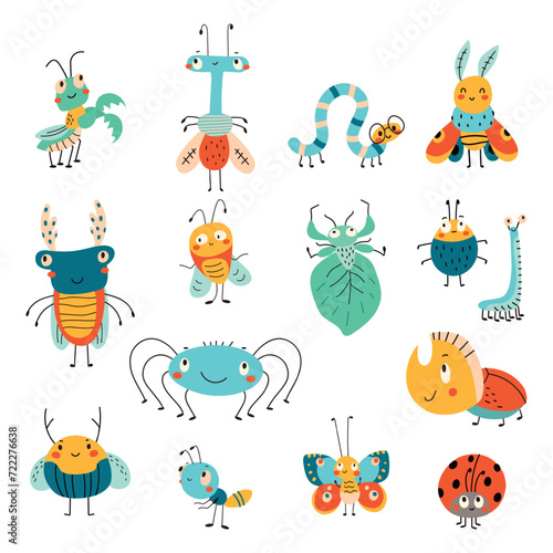 Cute insects doodle style. Isolated beetle and worm, snail and caterpillar. Abstract butterfly and spider. Funny children nowaday vector characters