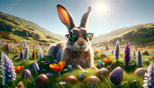 A cool rabbit as Easter bunny in a lush green spring meadow wearing sunglasses