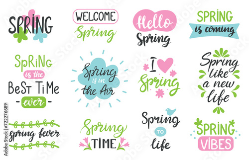 Spring lettering. Seasonal calligraphy quotes for postcards, posters and ad flyers. Handwritten phrases for prints, springtime neoteric vector set photo