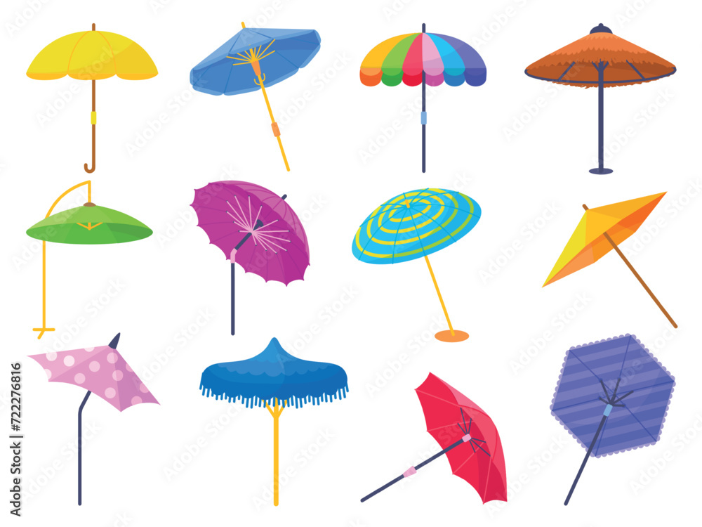 Obraz premium Beach umbrellas. Isolated cartoon parasols, umbrella with stripes and dots. Outdoor sun protective accessories, beach rest neoteric vector elements