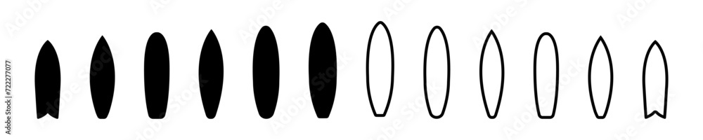 Set of surfboard vector icons. Black silhouette of types surfboard. Outline icon. Set of surfboard vector icons. Black silhouette of types surfboard. Outline icon.