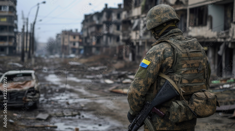 Ukraine Soldier Standing Among Rubble in War Zone, Generative AI