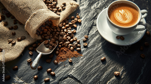 Close-up view of a freshly brewed cup of espresso with a creamy crema on top, accompanied by coffee beans spilling out from a burlap sack photo