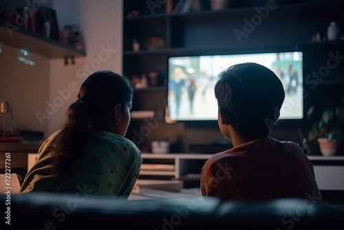 Back view teenage Indian girl and boy in front of television screen. Children siblings home cinema time. Generate ai photo