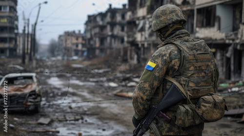 Obraz na płótnie Ukraine Soldier Standing Among Rubble in War Zone, Generative AI w salonie