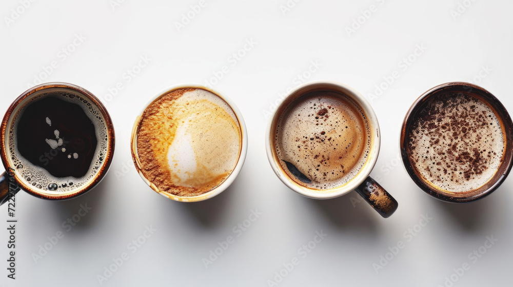 View of four different cups of coffee, each with a unique pattern or texture on the surface. View of four different cups of coffee, each with a unique pattern or texture on the surface.