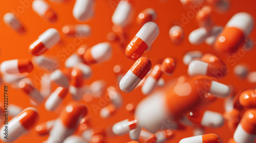 Numerous orange and white capsules suspended in the air against a vibrant orange background